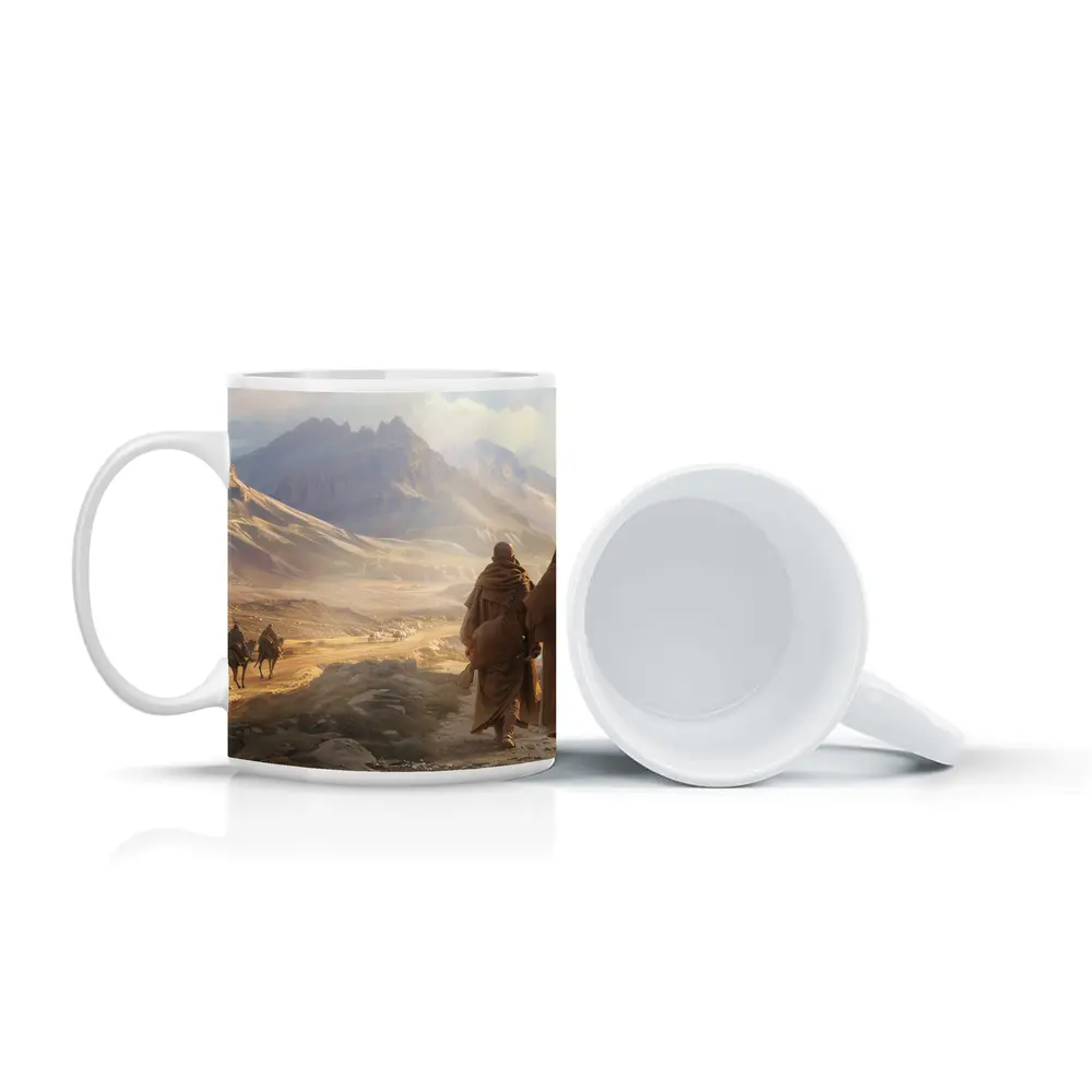 Two Robed Figures Walking Desert Mountain Landscape – Mugs