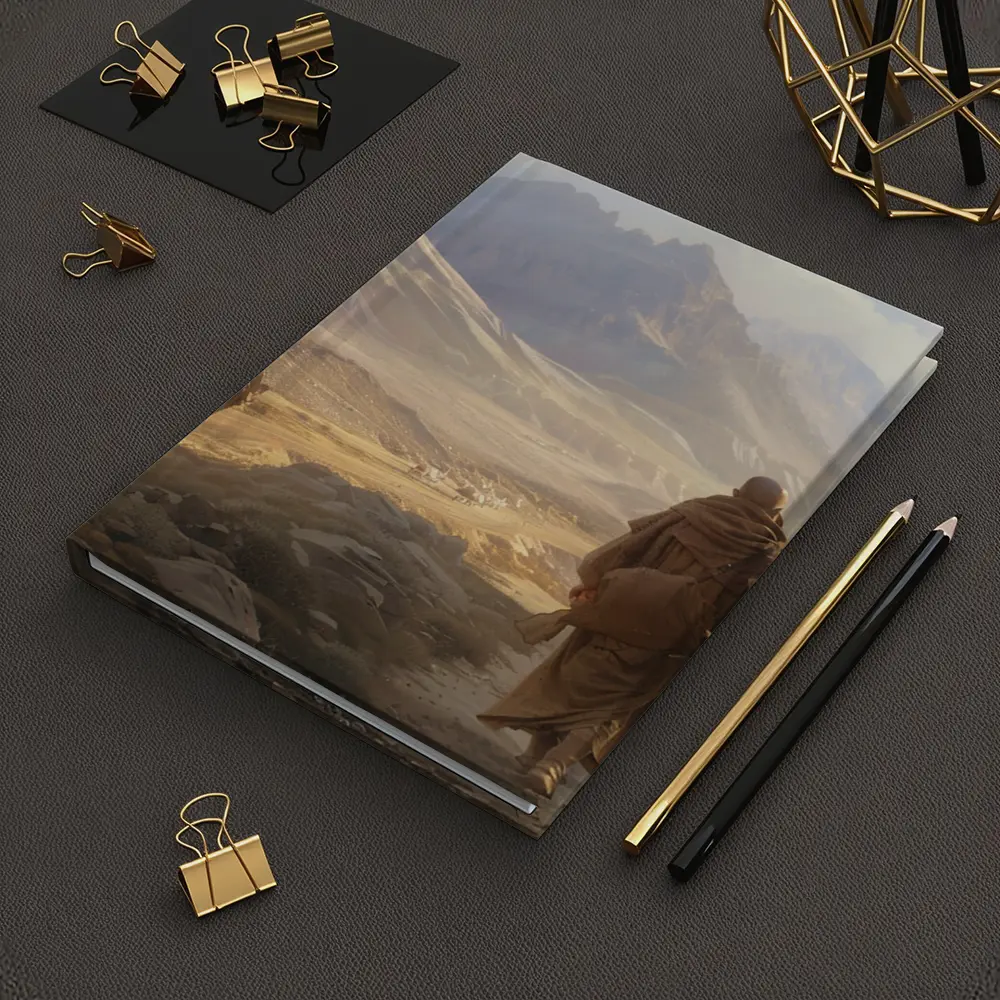 Two Robed Figures Walking Desert Mountain Landscape – Notebooks