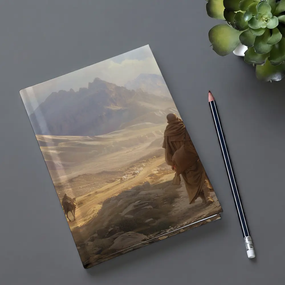 Two Robed Figures Walking Desert Mountain Landscape – Notebooks