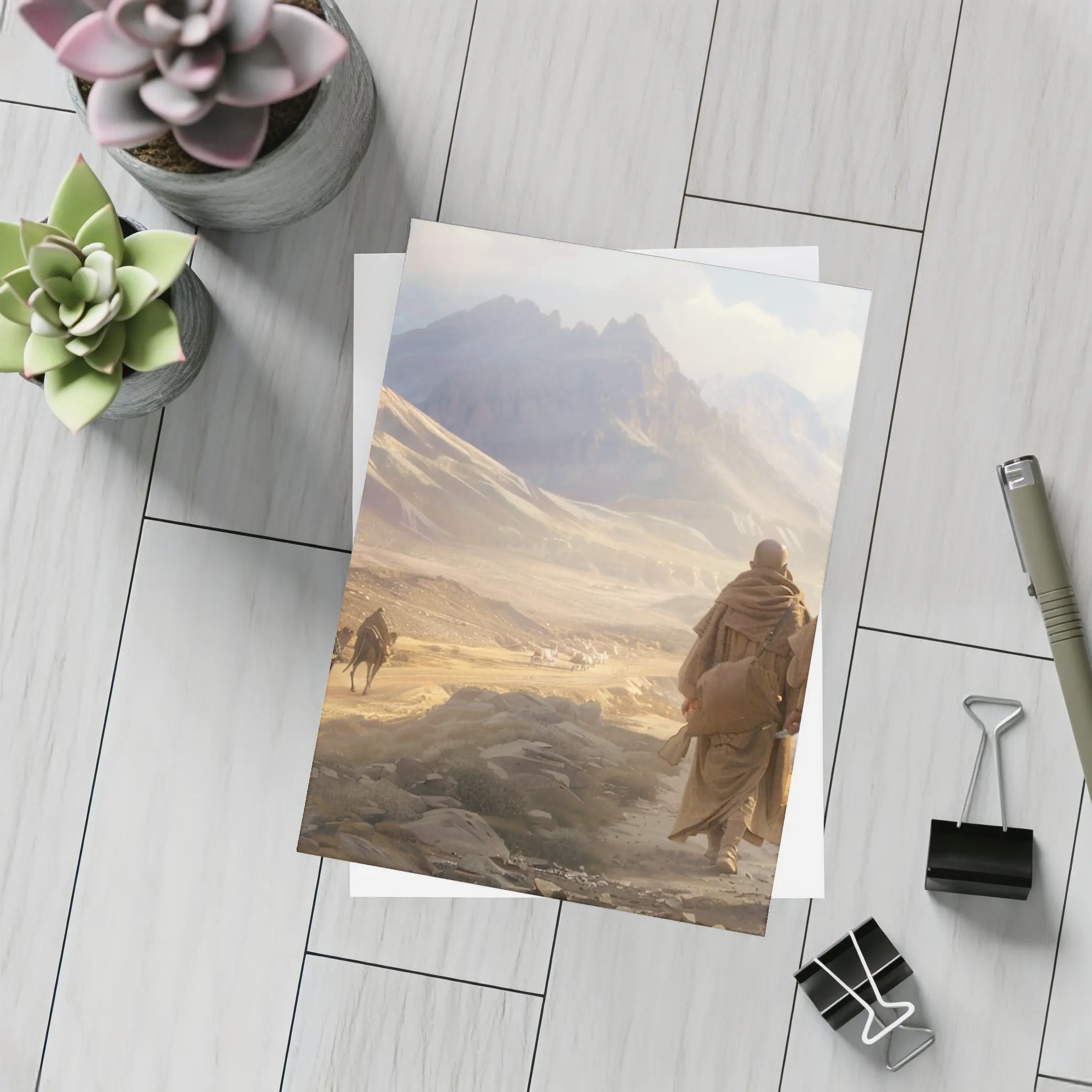 Two Robed Figures Walking Desert Mountain Landscape – Postcards