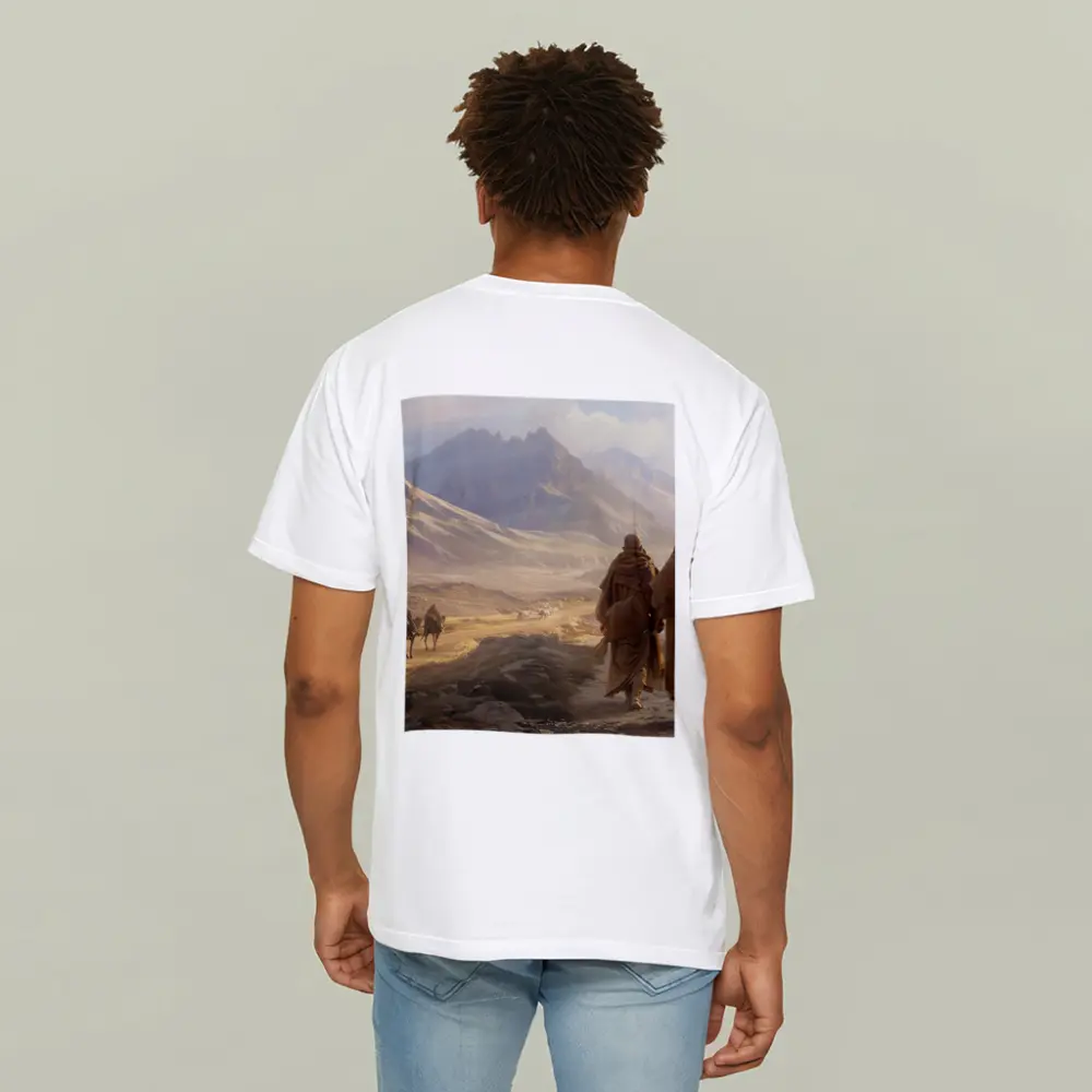 Two Robed Figures Walking Desert Mountain Landscape – T-Shirts