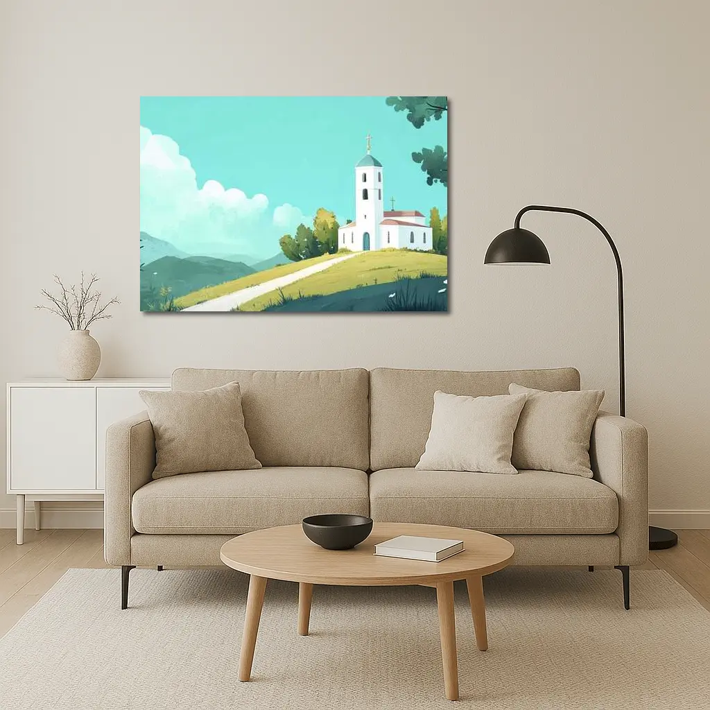 White Church on Hill Illustration Art – Wall Art