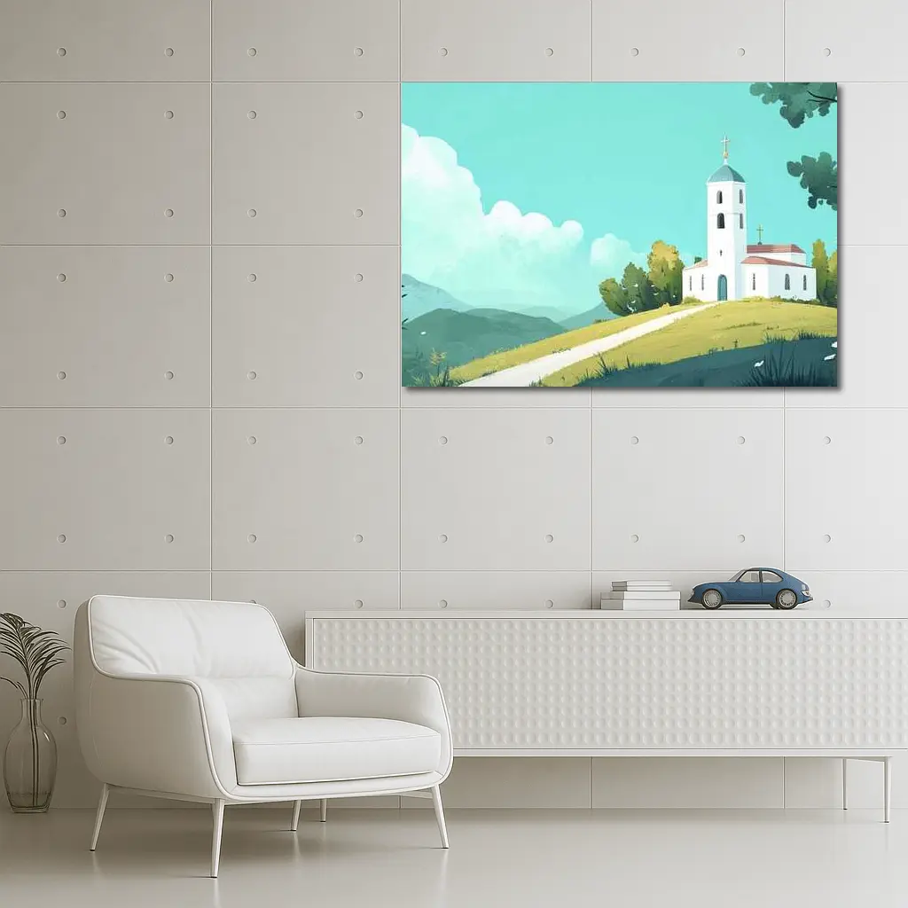White Church on Hill Illustration Art – Wall Art