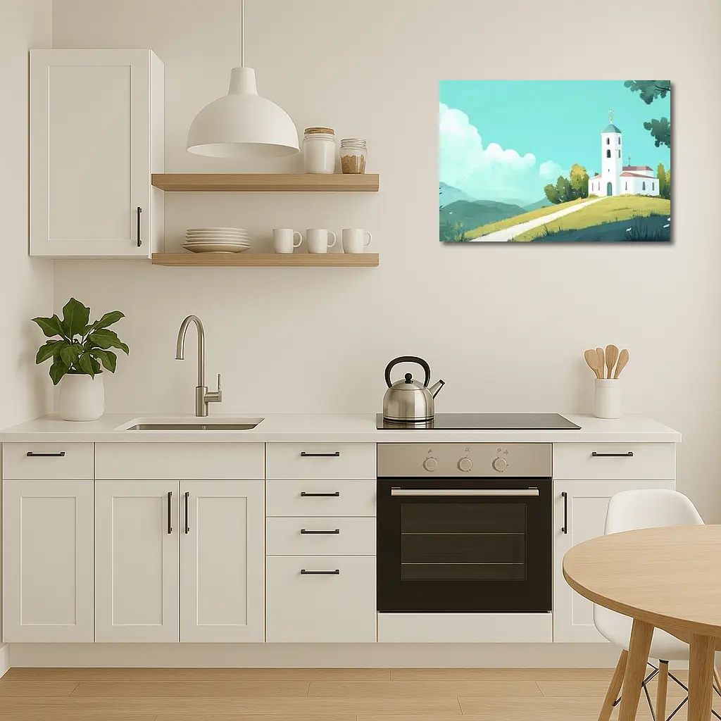 White Church on Hill Illustration Art – Wall Art