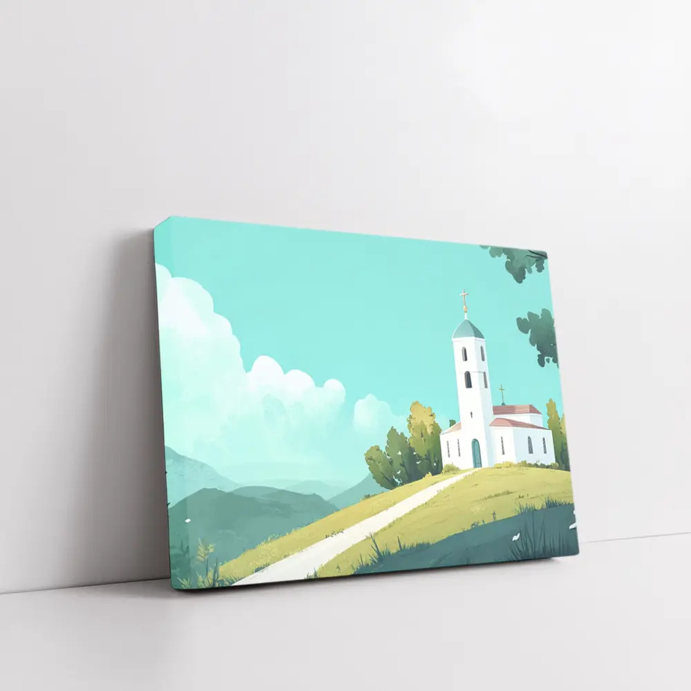 White Church on Hill Illustration Art – Wall Art