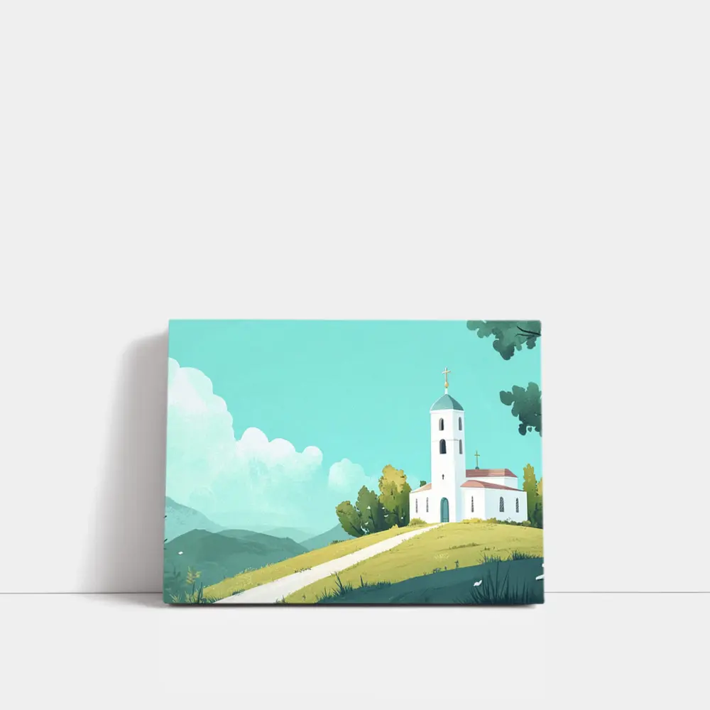 White Church on Hill Illustration Art – Wall Art