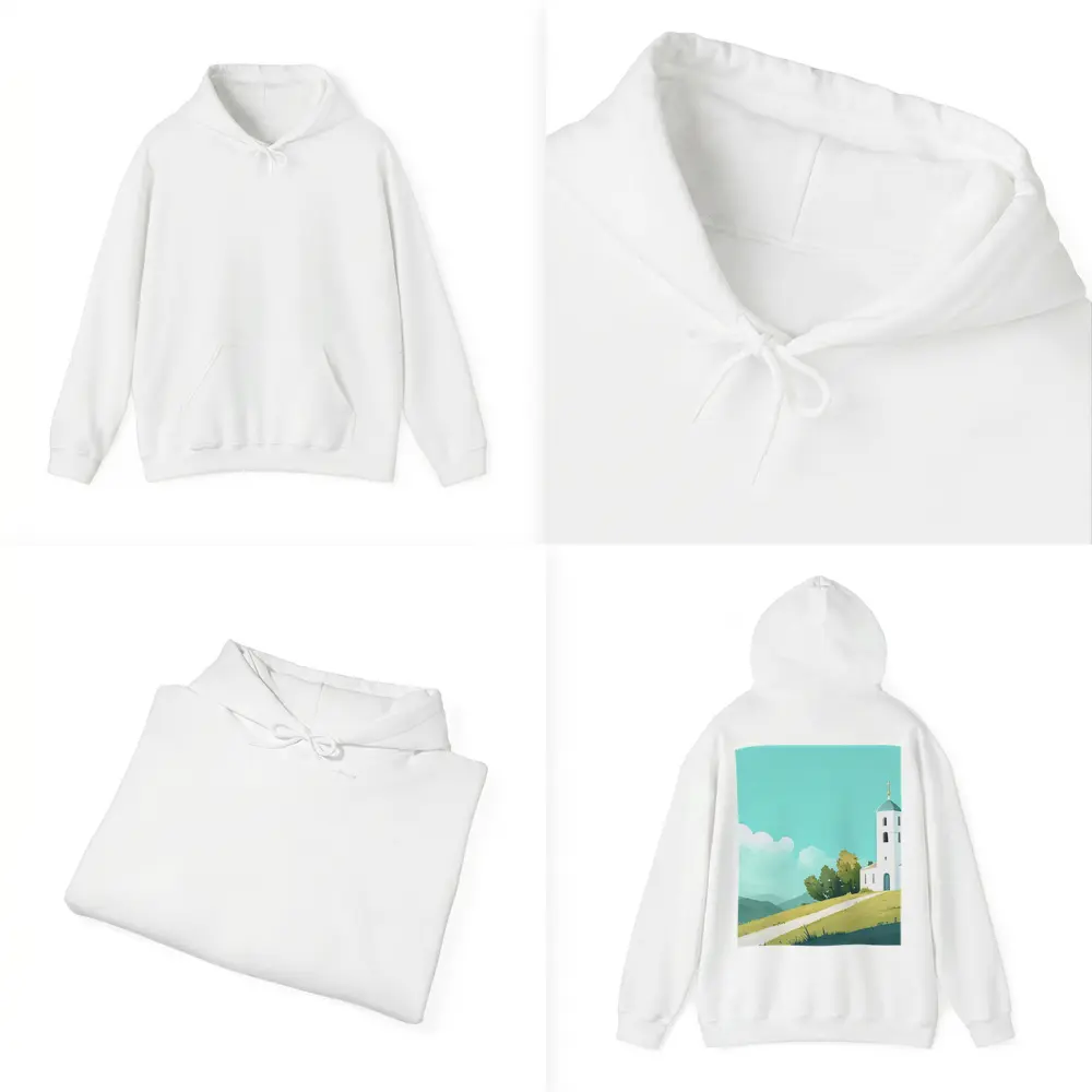 White Church on Hill Illustration Art – Hoodies