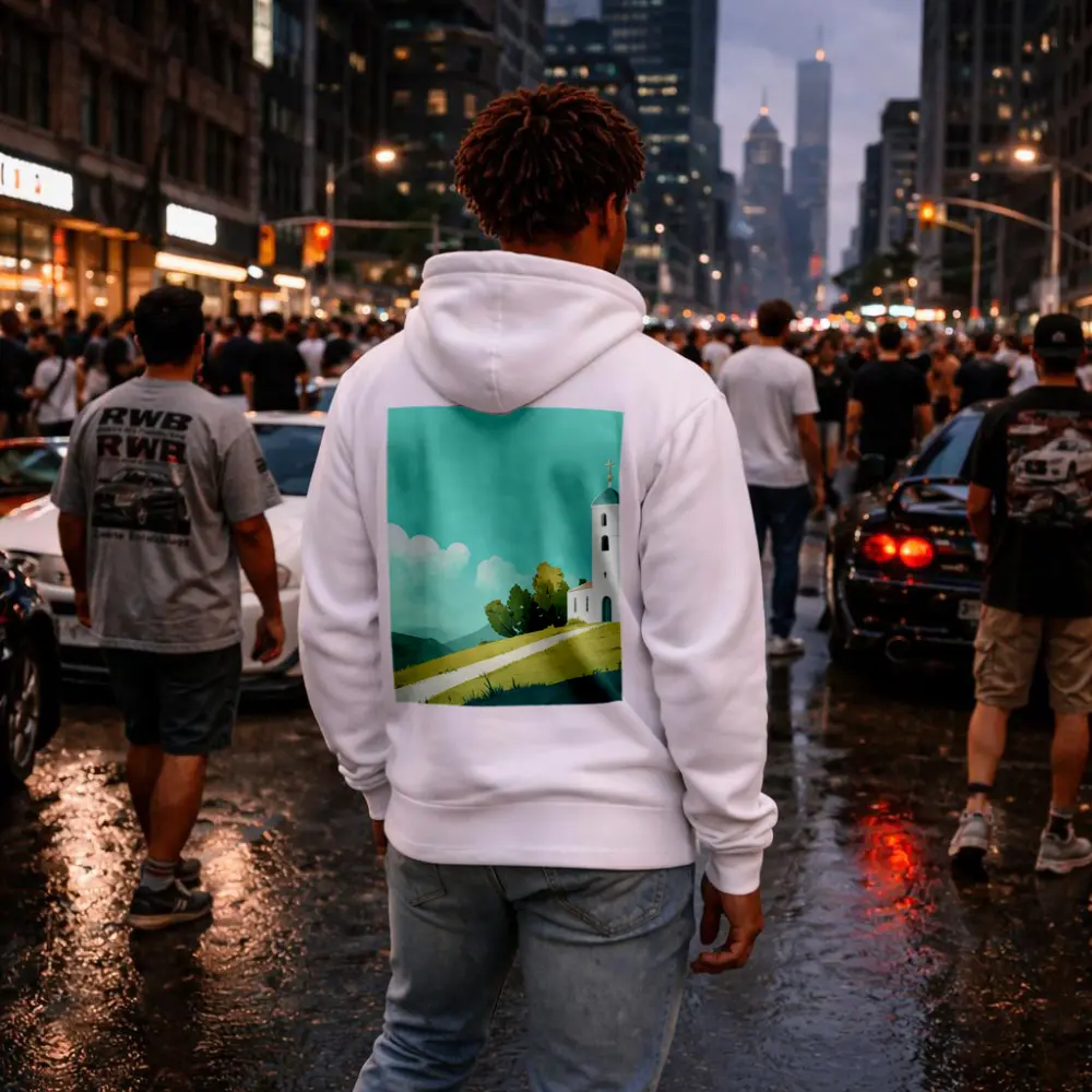 White Church on Hill Illustration Art – Hoodies