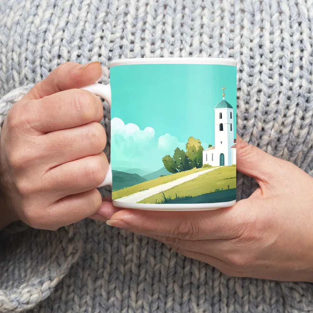 White Church on Hill Illustration Art – Mugs
