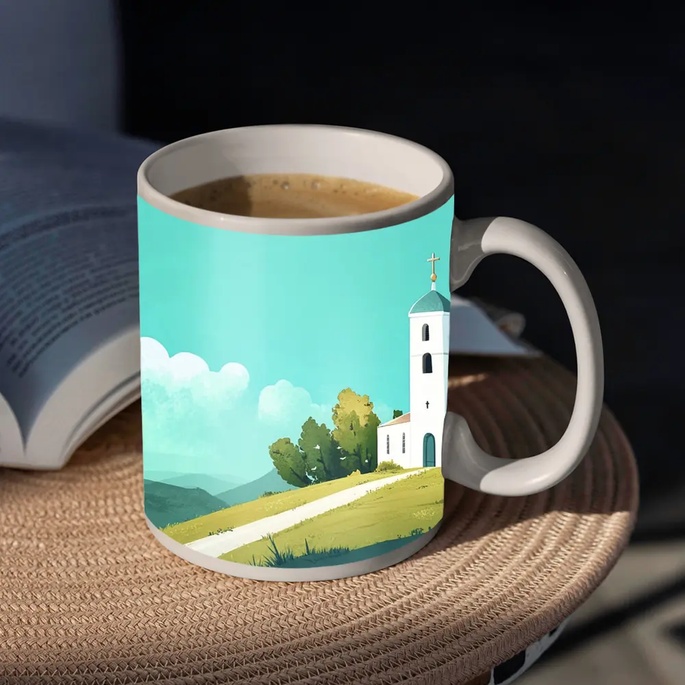 White Church on Hill Illustration Art – Mugs