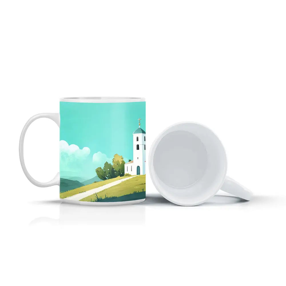White Church on Hill Illustration Art – Mugs