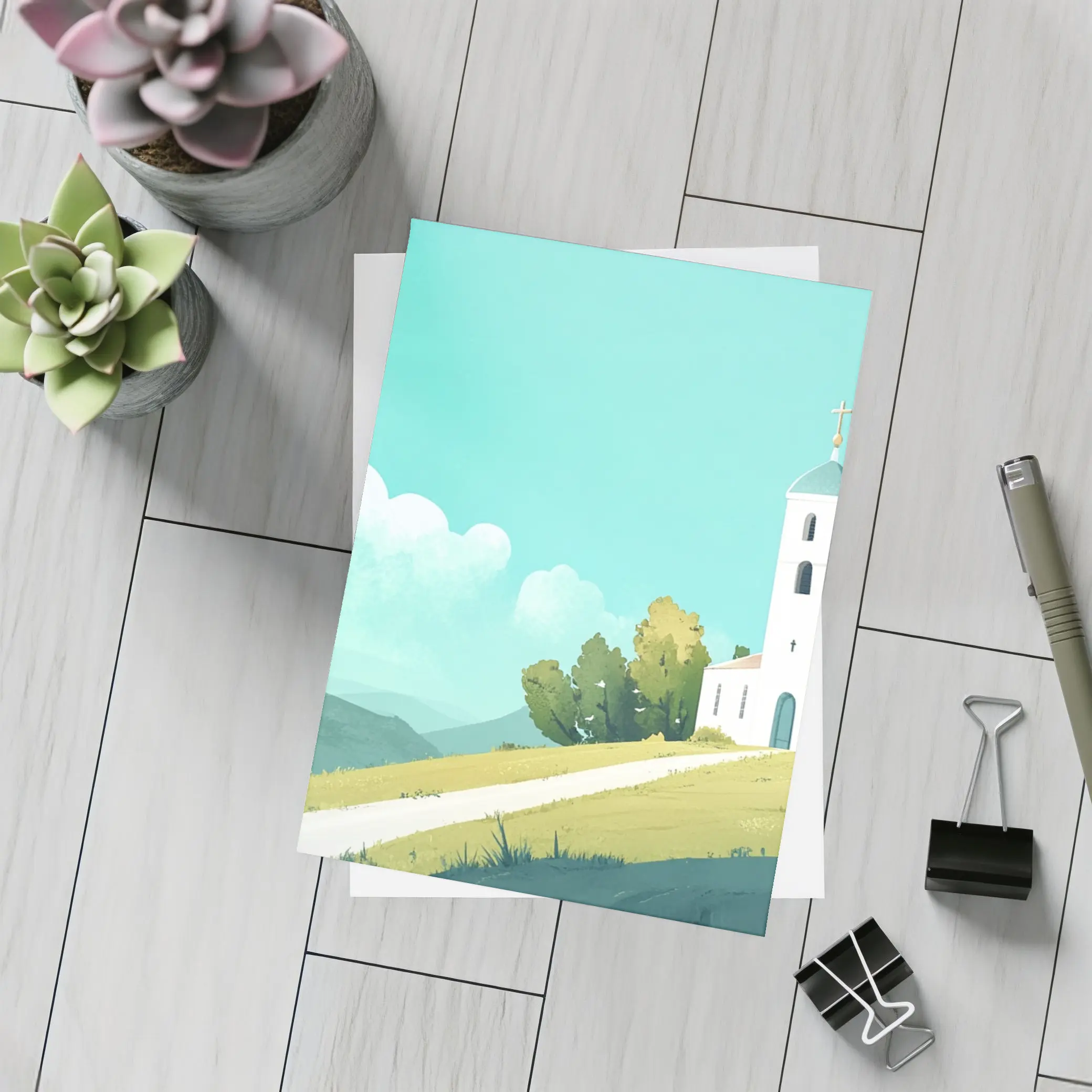 White Church on Hill Illustration Art – Postcards