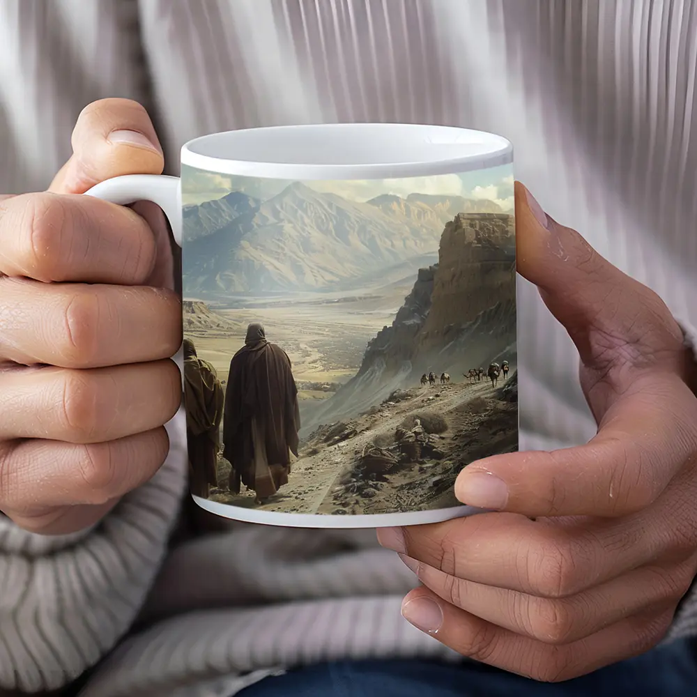 Two Robed Figures Walking Ancient Desert Trail – Mugs