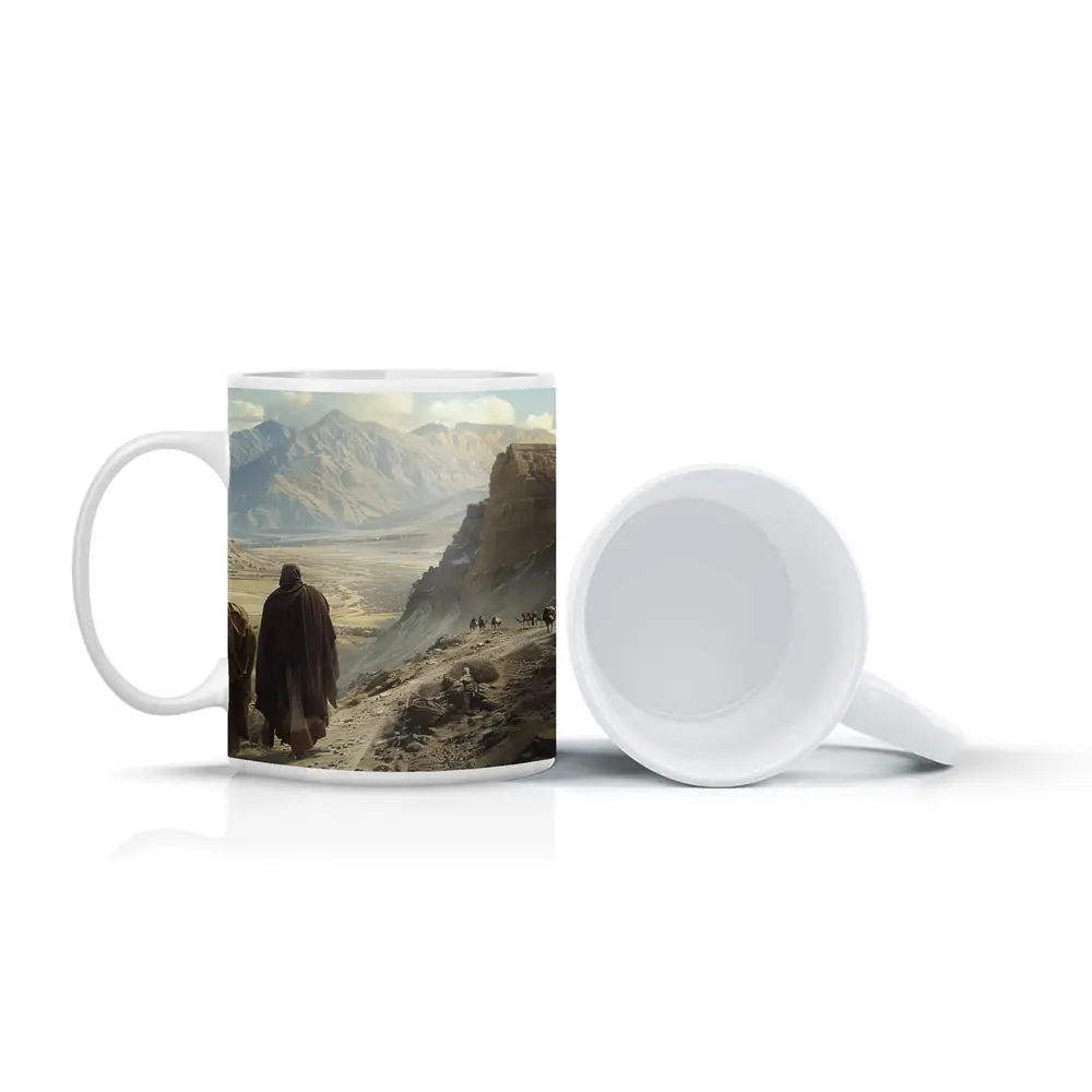 Two Robed Figures Walking Ancient Desert Trail – Mugs