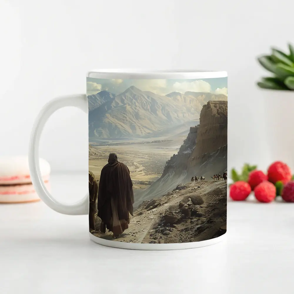 Two Robed Figures Walking Ancient Desert Trail – Mugs