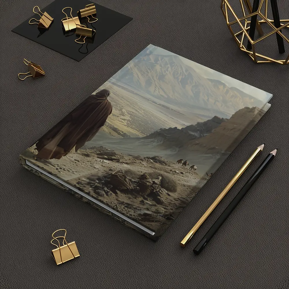 Two Robed Figures Walking Ancient Desert Trail – Notebooks
