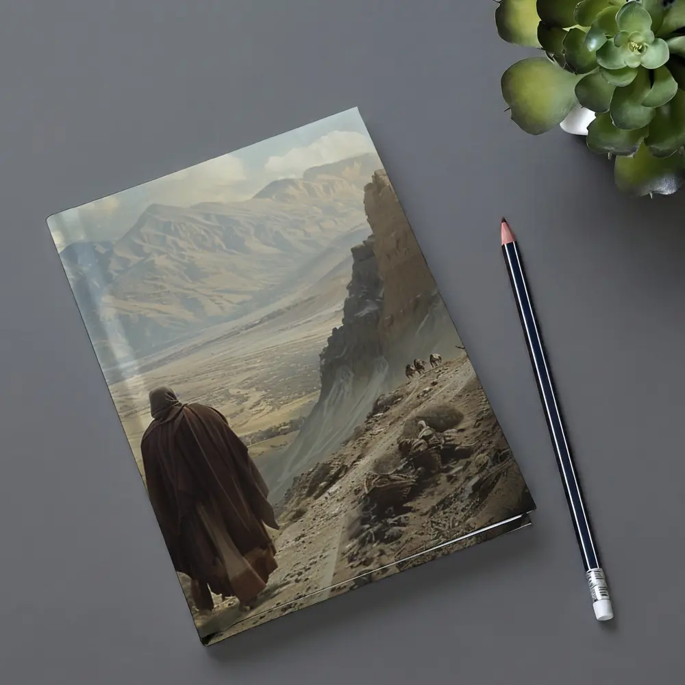 Two Robed Figures Walking Ancient Desert Trail – Notebooks
