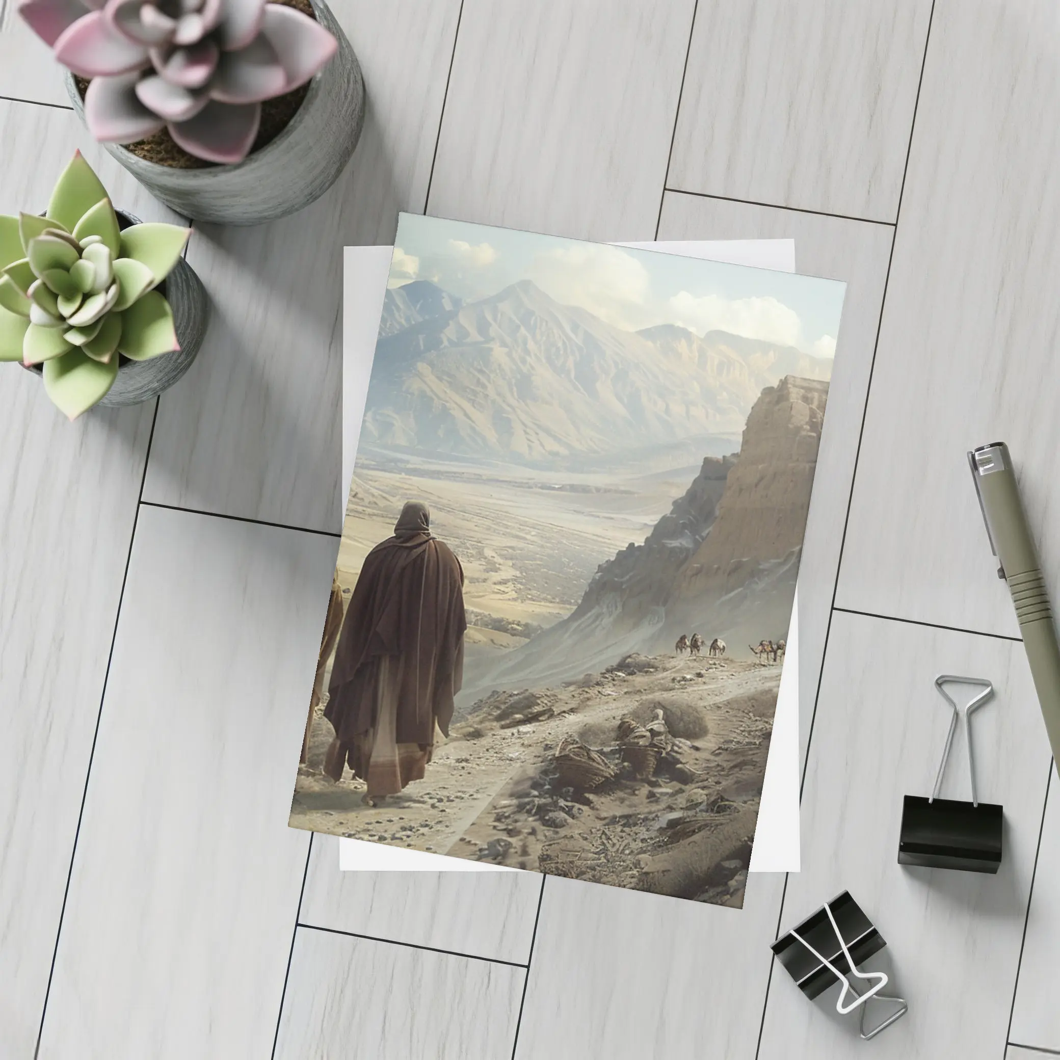 Two Robed Figures Walking Ancient Desert Trail – Postcards