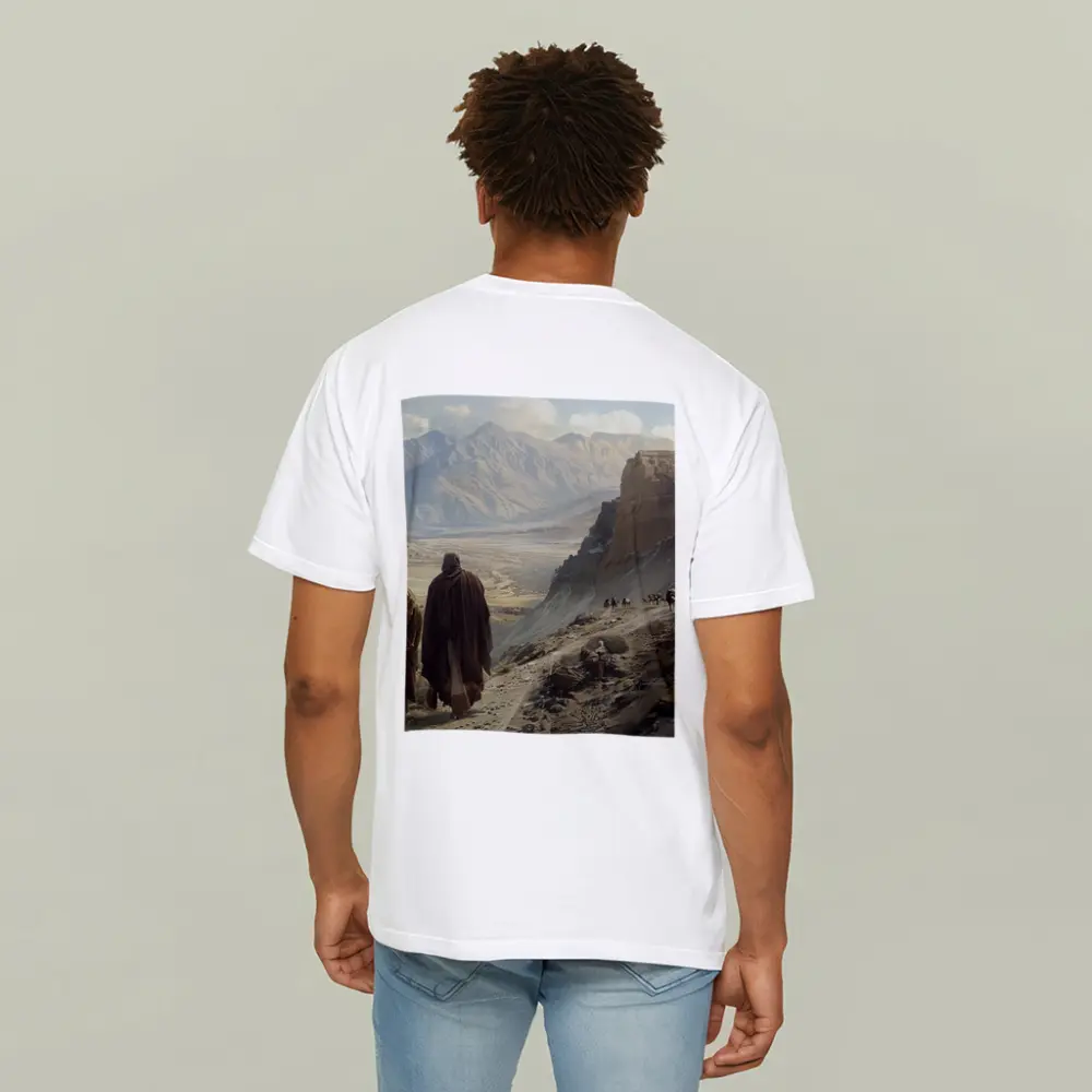 Two Robed Figures Walking Ancient Desert Trail – T-Shirts