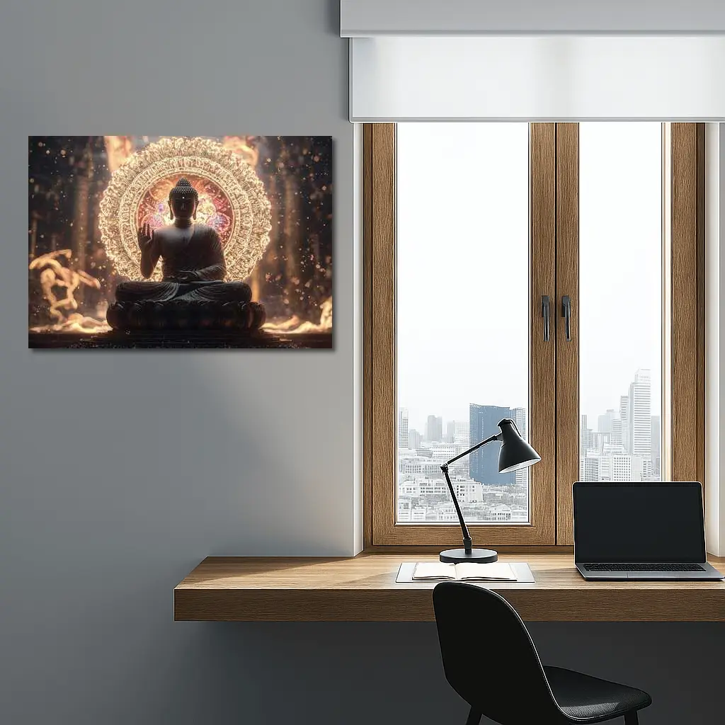 Buddha Statue Glowing Mandala Spiritual Light – Wall Art
