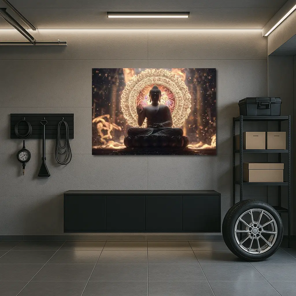 Buddha Statue Glowing Mandala Spiritual Light – Wall Art