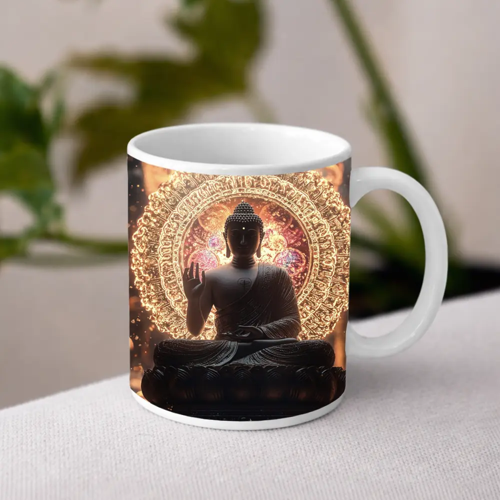 Buddha Statue Glowing Mandala Spiritual Light – Mugs