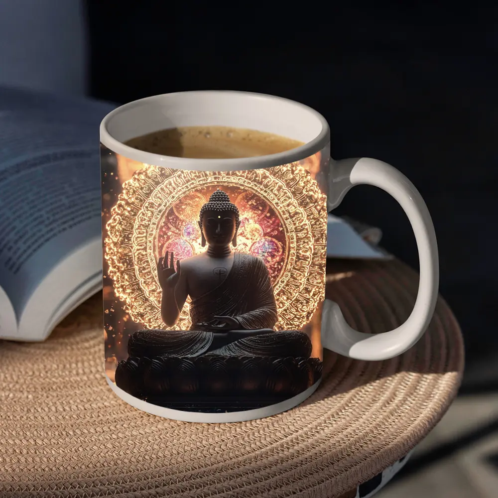 Buddha Statue Glowing Mandala Spiritual Light – Mugs