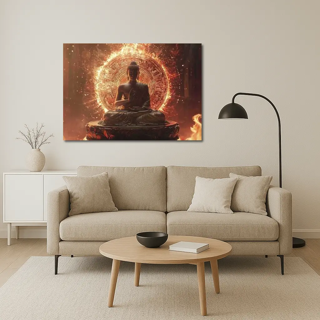 Buddha Statue Glowing Fire Mandala Background – Wall Art