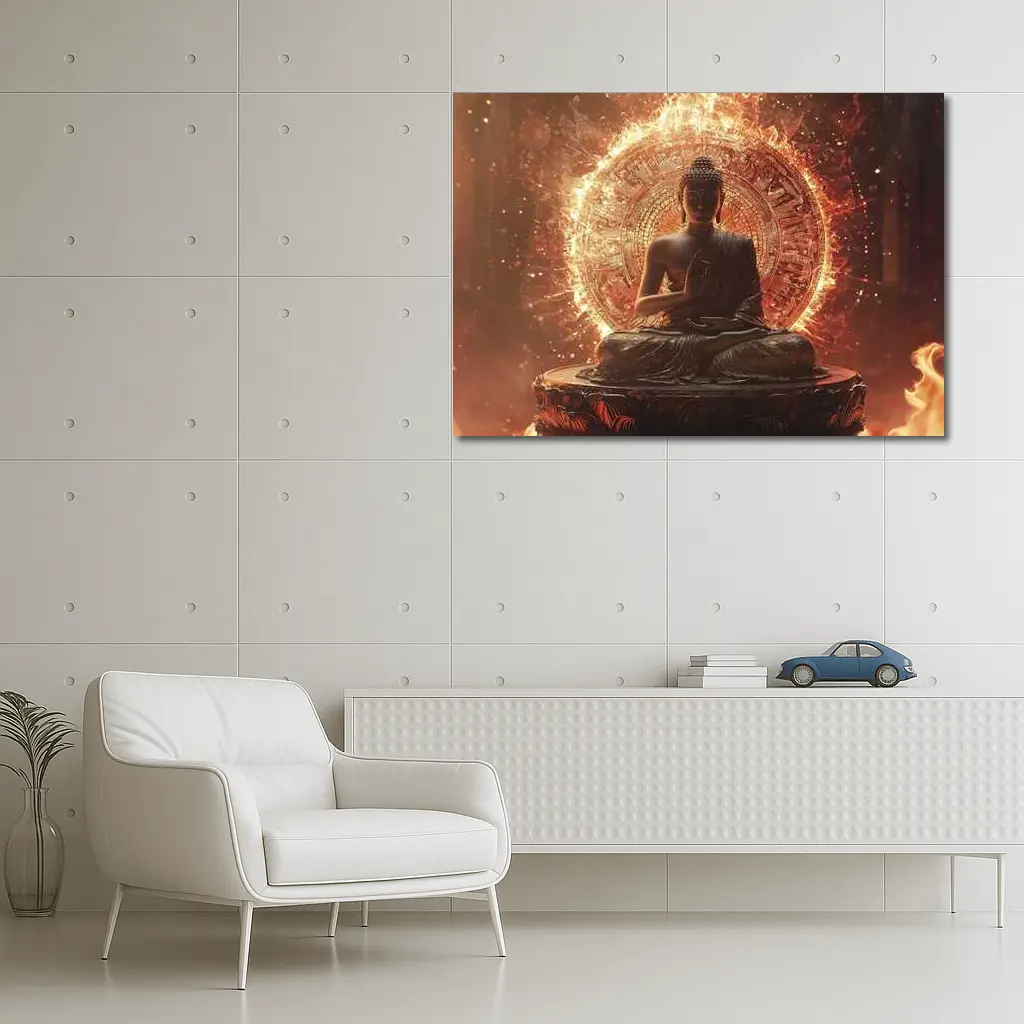 Buddha Statue Glowing Fire Mandala Background – Wall Art