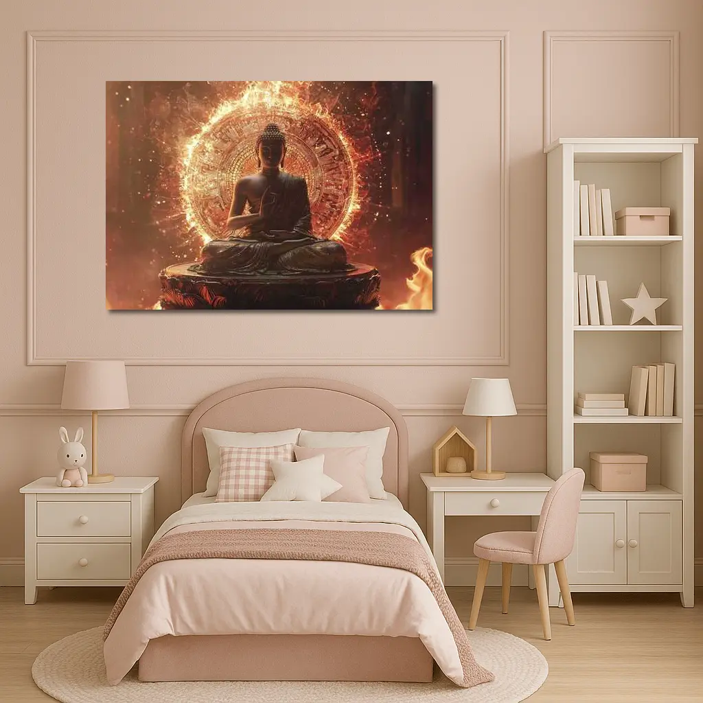 Buddha Statue Glowing Fire Mandala Background – Wall Art