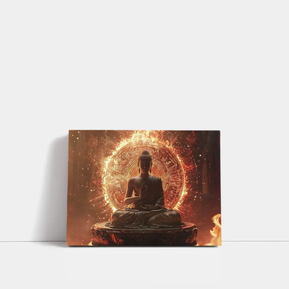 Buddha Statue Glowing Fire Mandala Background – Wall Art