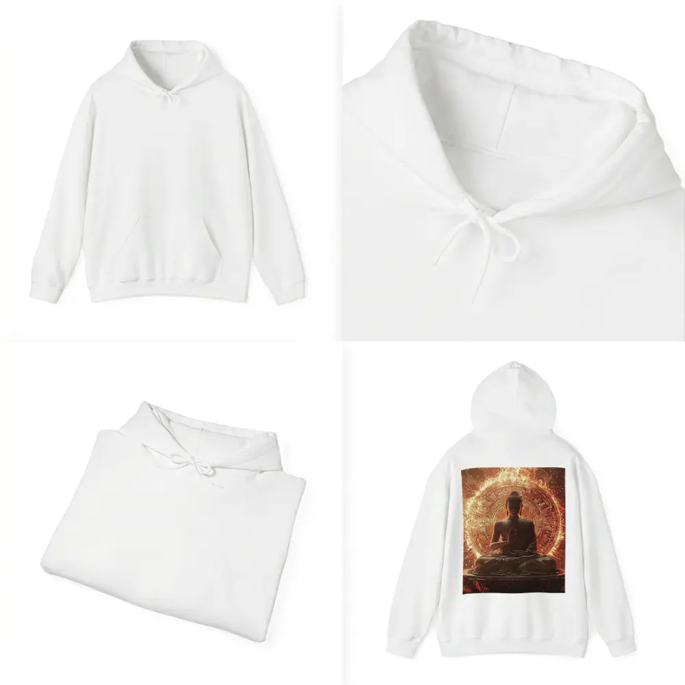 Buddha Statue Glowing Fire Mandala Background – Hoodies