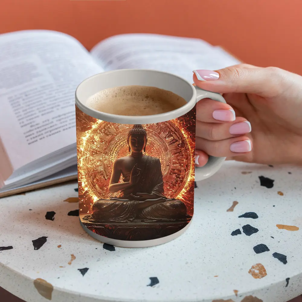 Buddha Statue Glowing Fire Mandala Background – Mugs
