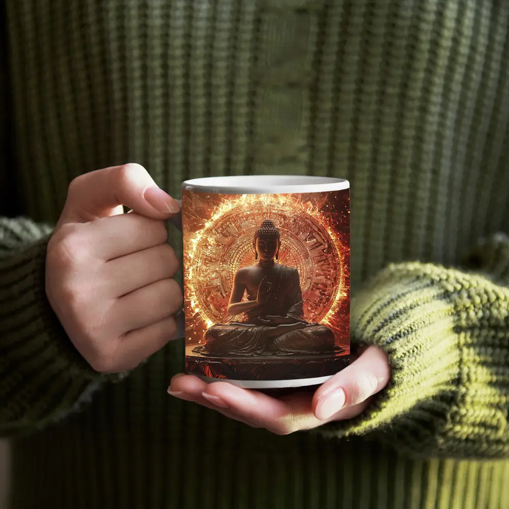 Buddha Statue Glowing Fire Mandala Background – Mugs