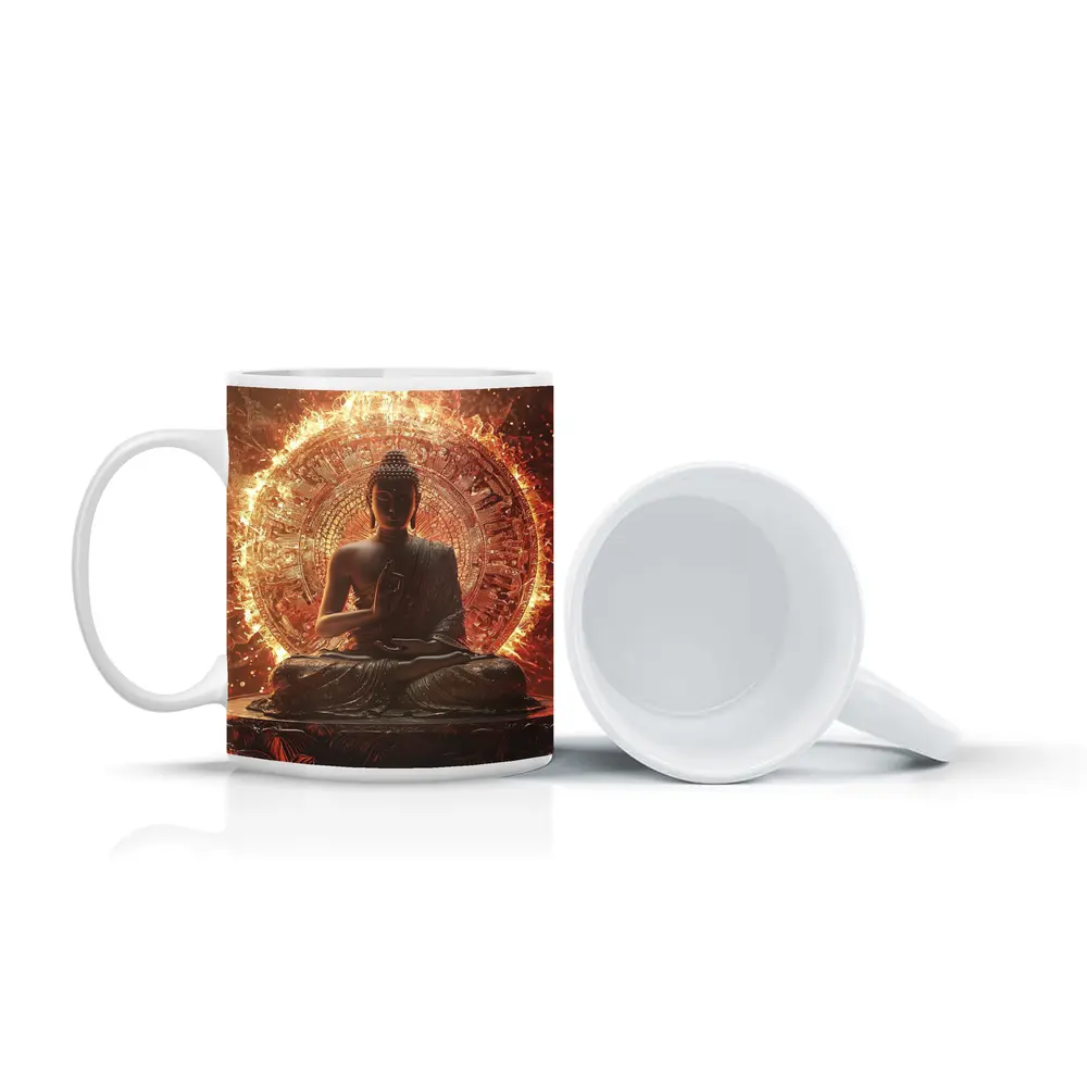 Buddha Statue Glowing Fire Mandala Background – Mugs