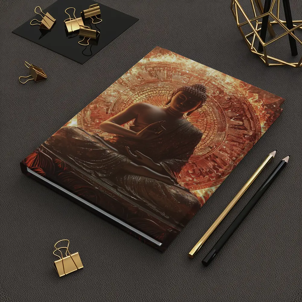 Buddha Statue Glowing Fire Mandala Background – Notebooks
