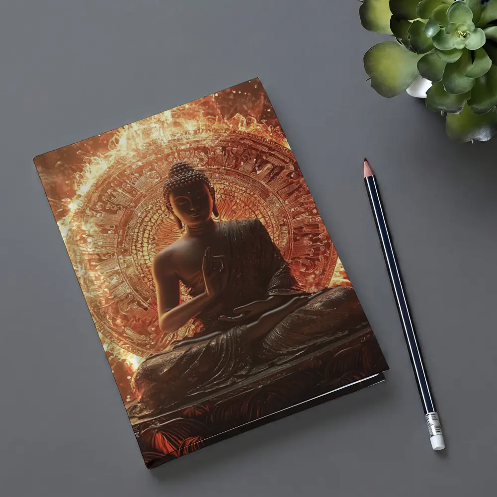 Buddha Statue Glowing Fire Mandala Background – Notebooks
