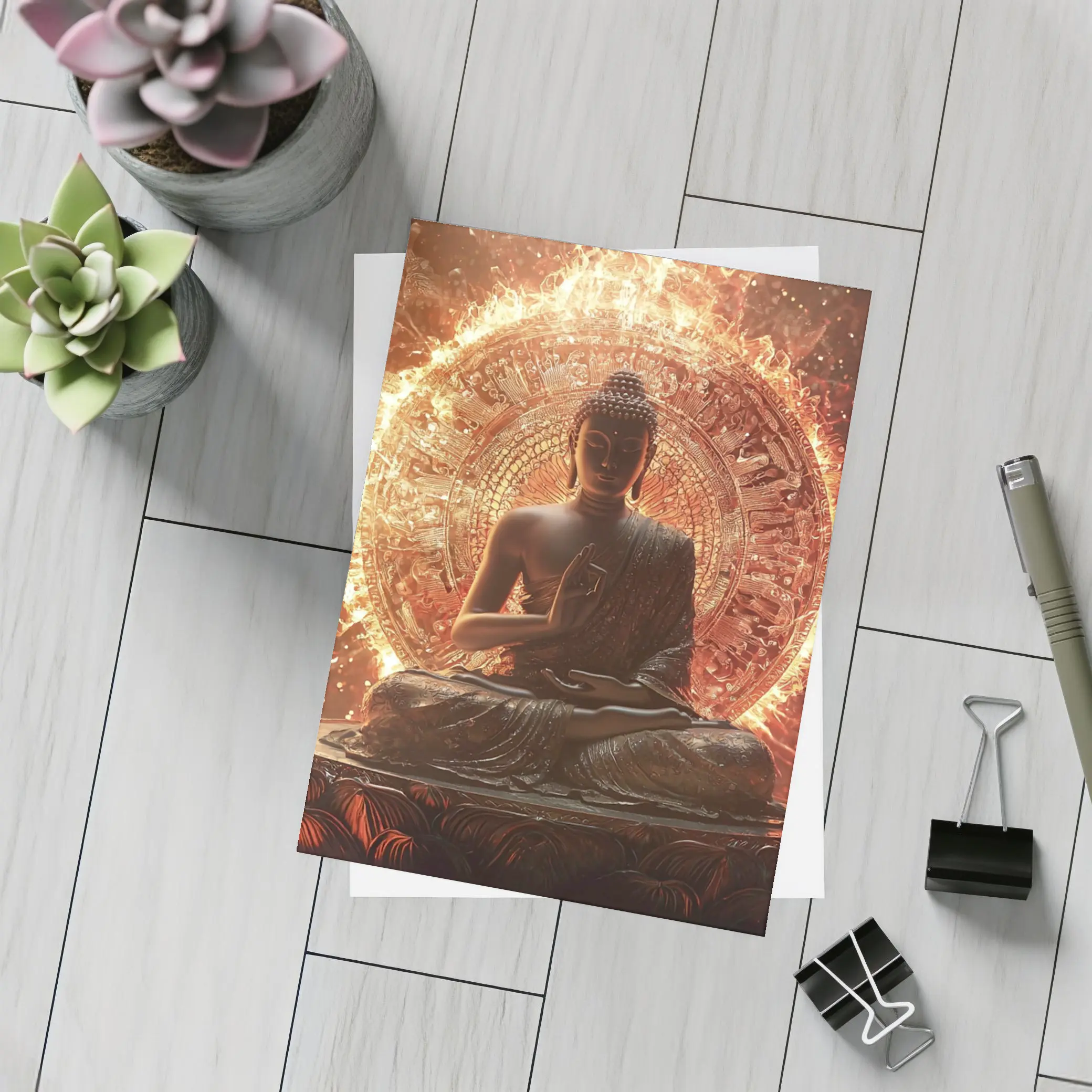 Buddha Statue Glowing Fire Mandala Background – Postcards