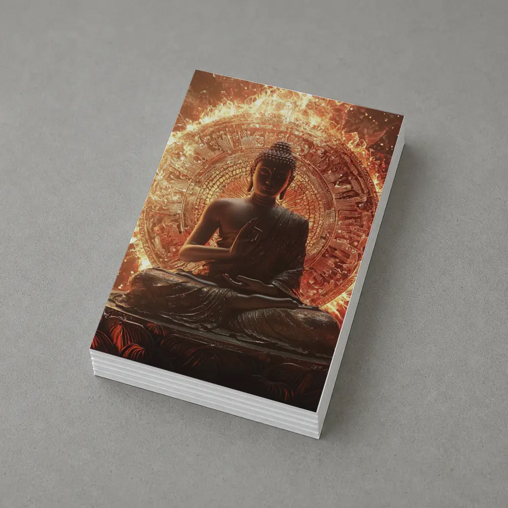 Buddha Statue Glowing Fire Mandala Background – Postcards