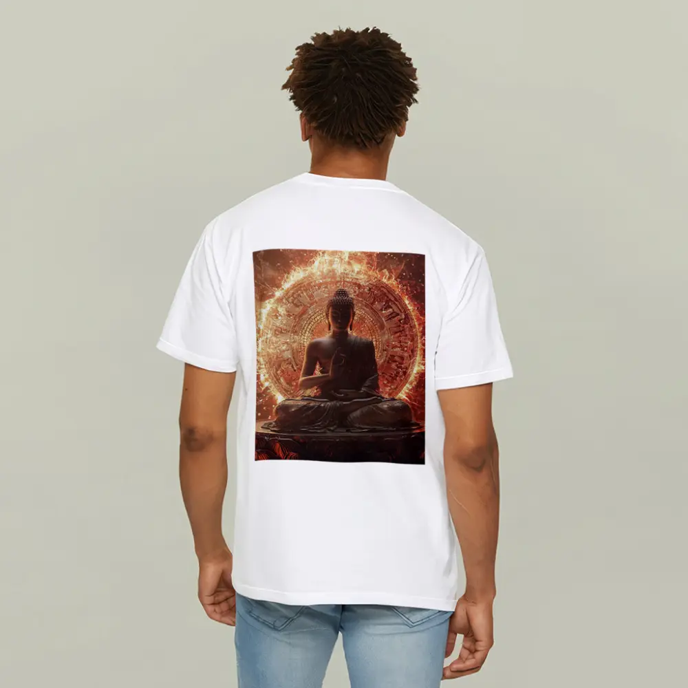 Buddha Statue Glowing Fire Mandala Background – T-Shirts
