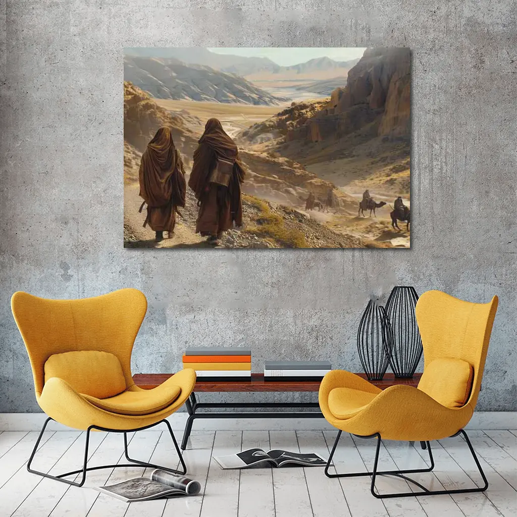 Desert Travelers Walking Through Ancient Rocky Valley – Wall Art