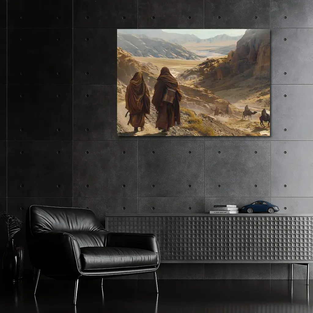 Desert Travelers Walking Through Ancient Rocky Valley – Wall Art