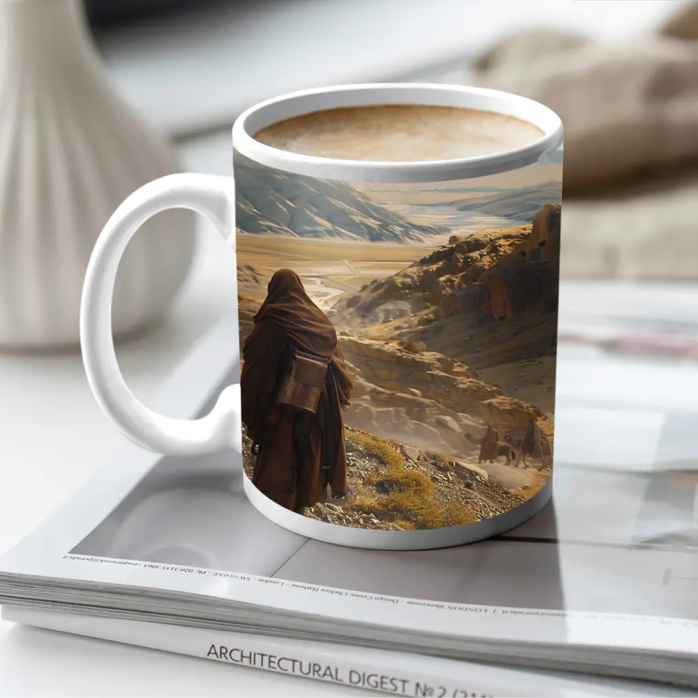 Desert Travelers Walking Through Ancient Rocky Valley – Mugs