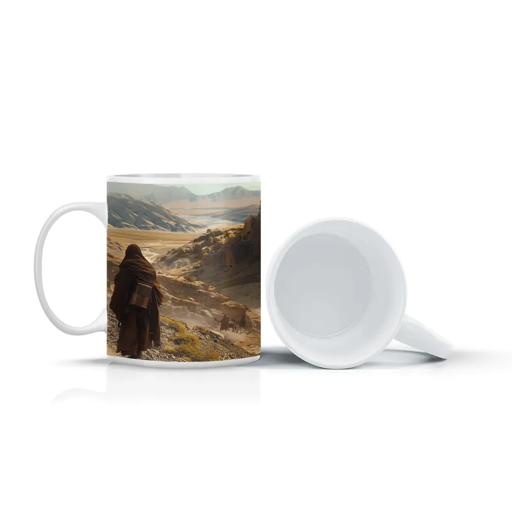 Desert Travelers Walking Through Ancient Rocky Valley – Mugs