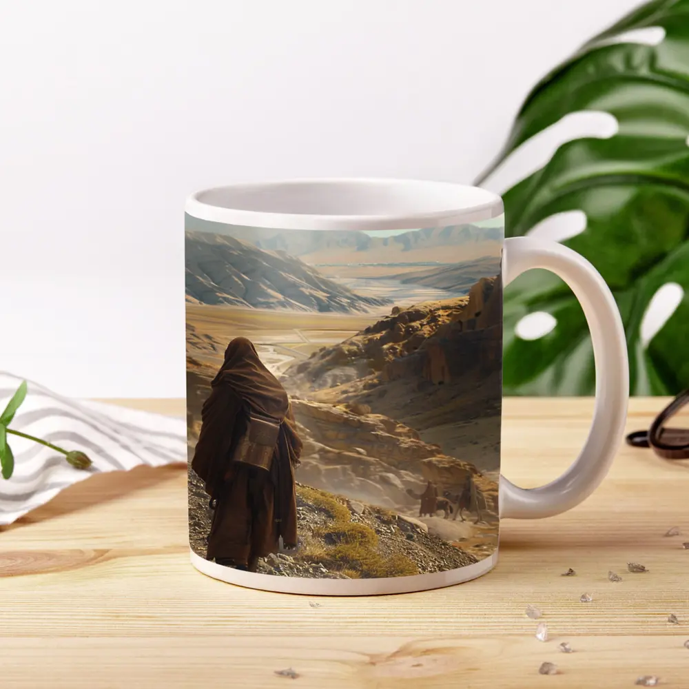 Desert Travelers Walking Through Ancient Rocky Valley – Mugs