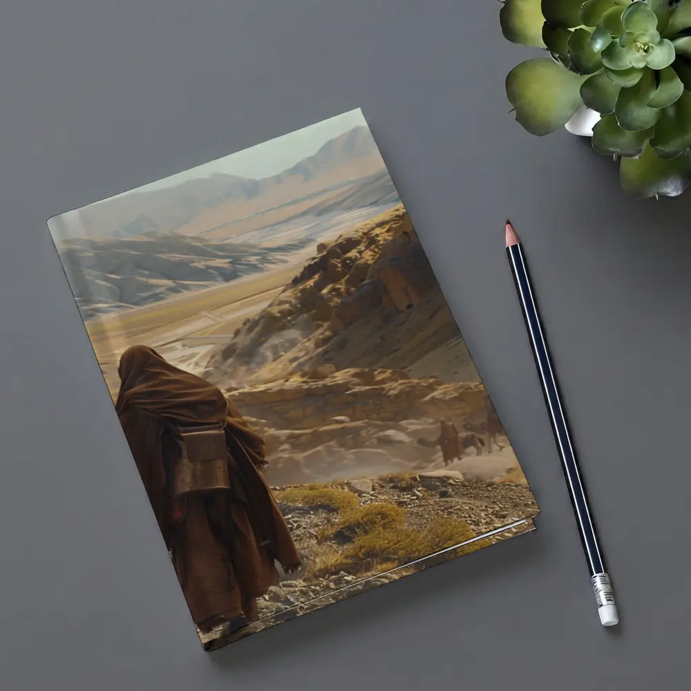 Desert Travelers Walking Through Ancient Rocky Valley – Notebooks