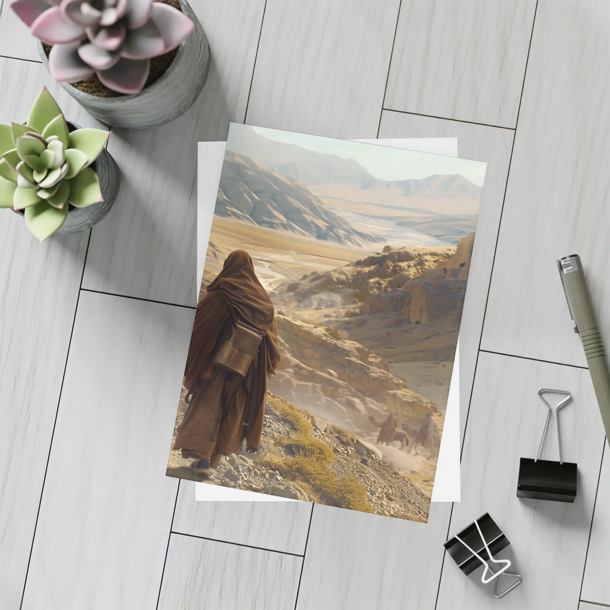 Desert Travelers Walking Through Ancient Rocky Valley – Postcards