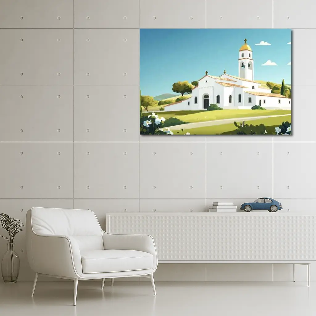White Church Bell Tower Green Hills Illustration – Wall Art