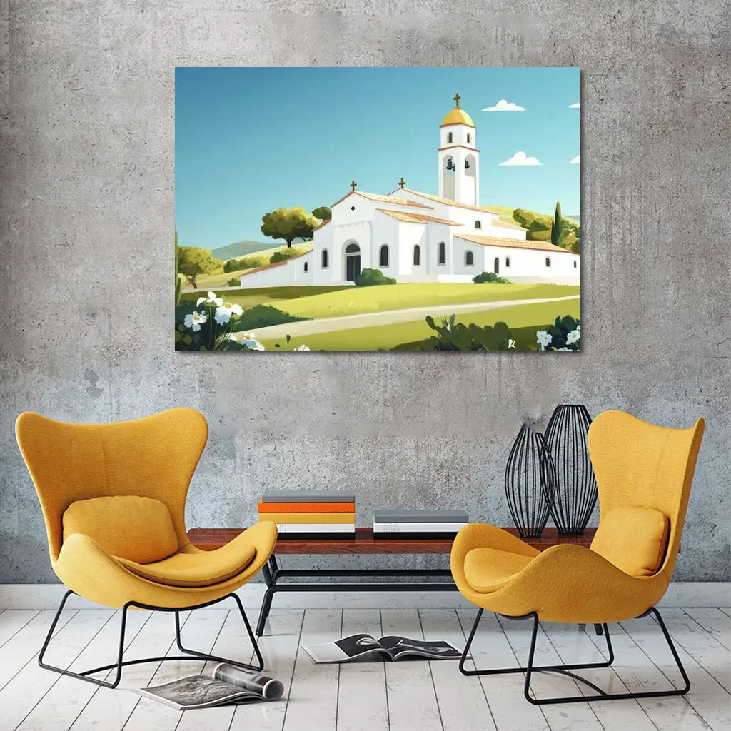 White Church Bell Tower Green Hills Illustration – Wall Art