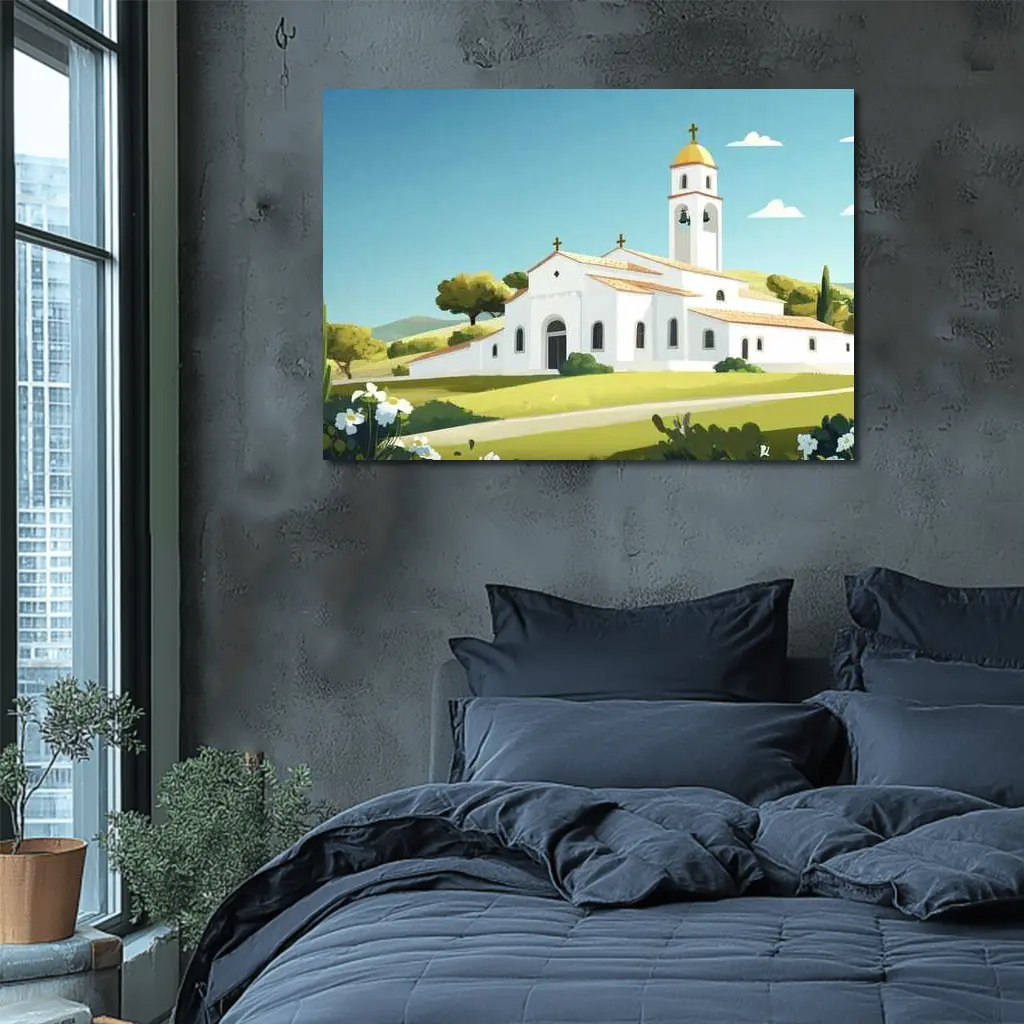 White Church Bell Tower Green Hills Illustration – Wall Art